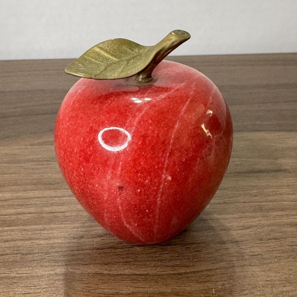 Vintage Marble Stone Red Apple With Brass Leaf Stem Paperweight Teacher School
